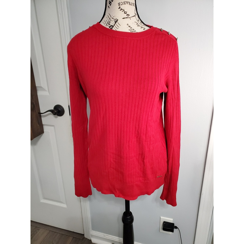 Calvin Klein Womens Red Ribbed Button Shoulder Long Sleeve Sweater Large